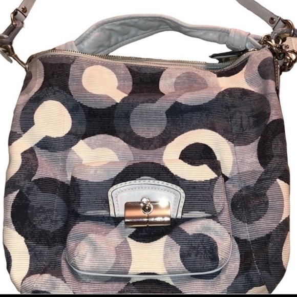 COACH OP ART shades of blue & white canvas with leather trim silver hardware - Picture 1 of 16